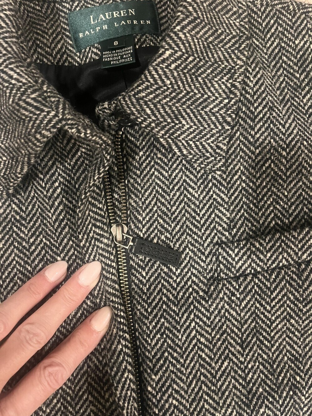 LAUREN RALPH LAUREN Women’s 8 Gray Herringbone Woolmark Wool Zip Jacket Lined - Picture 5 of 12
